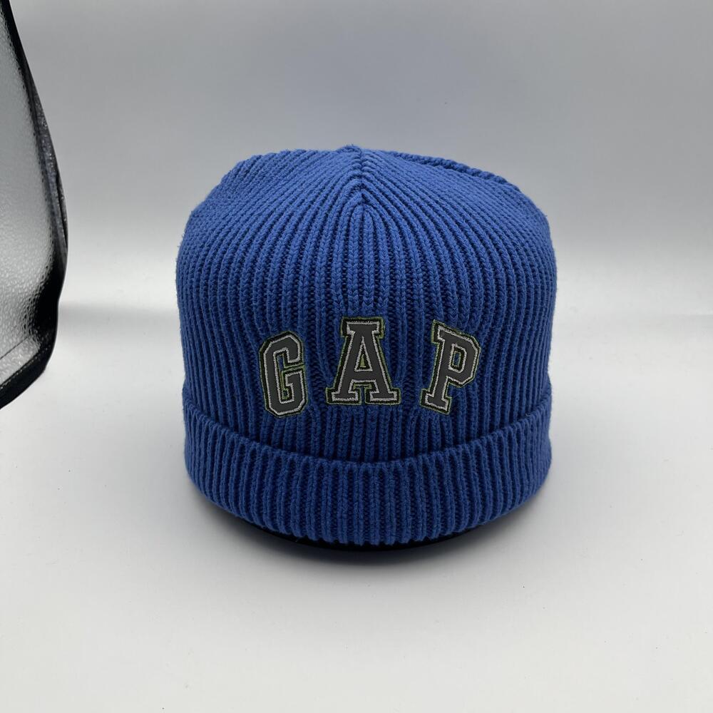 GAP Hat Beanie One Size Kids Youth Blue Ribbed Knit Logo Cuffed Winter Stretch